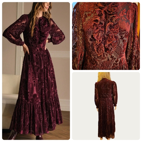 MOTF Dresses & Skirts - MOTF FLORAL FLOCKING Velvet Long Sleeve Dress in Deep Burgundy  M